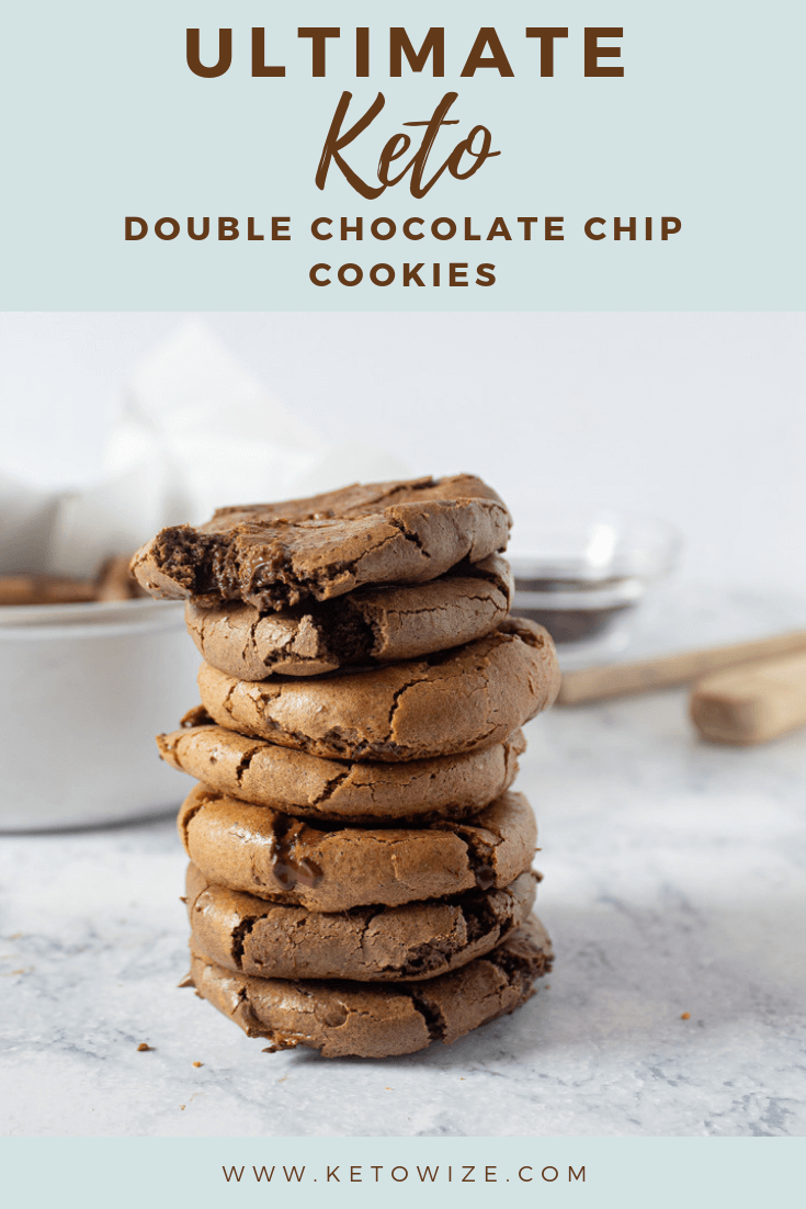 Ultimate keto double chocolate chip cookies stacked up.