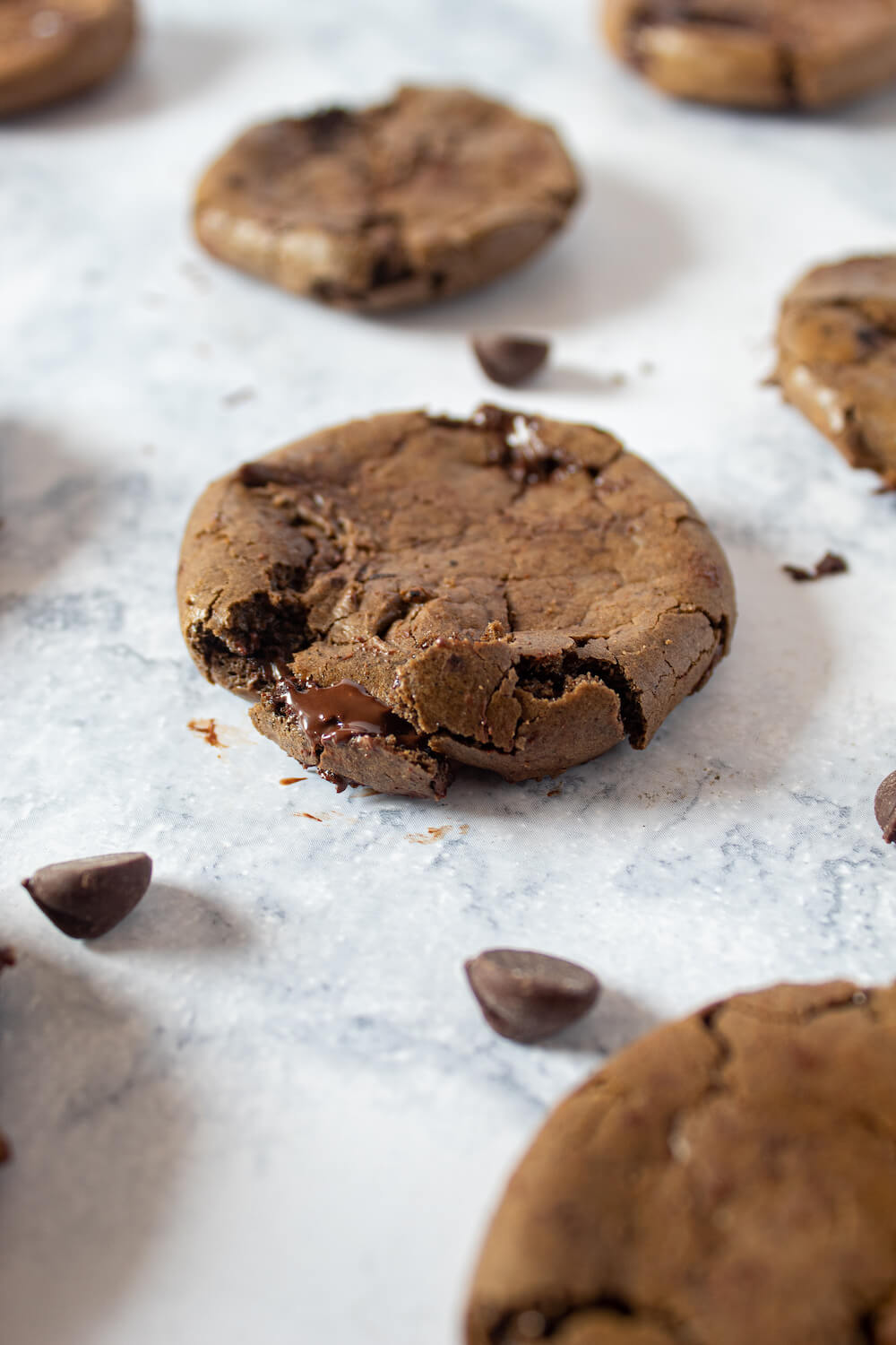Ultimate Keto Double Chocolate Chip Cookies fresh out of the oven with extra sugar-free chocolate chips.