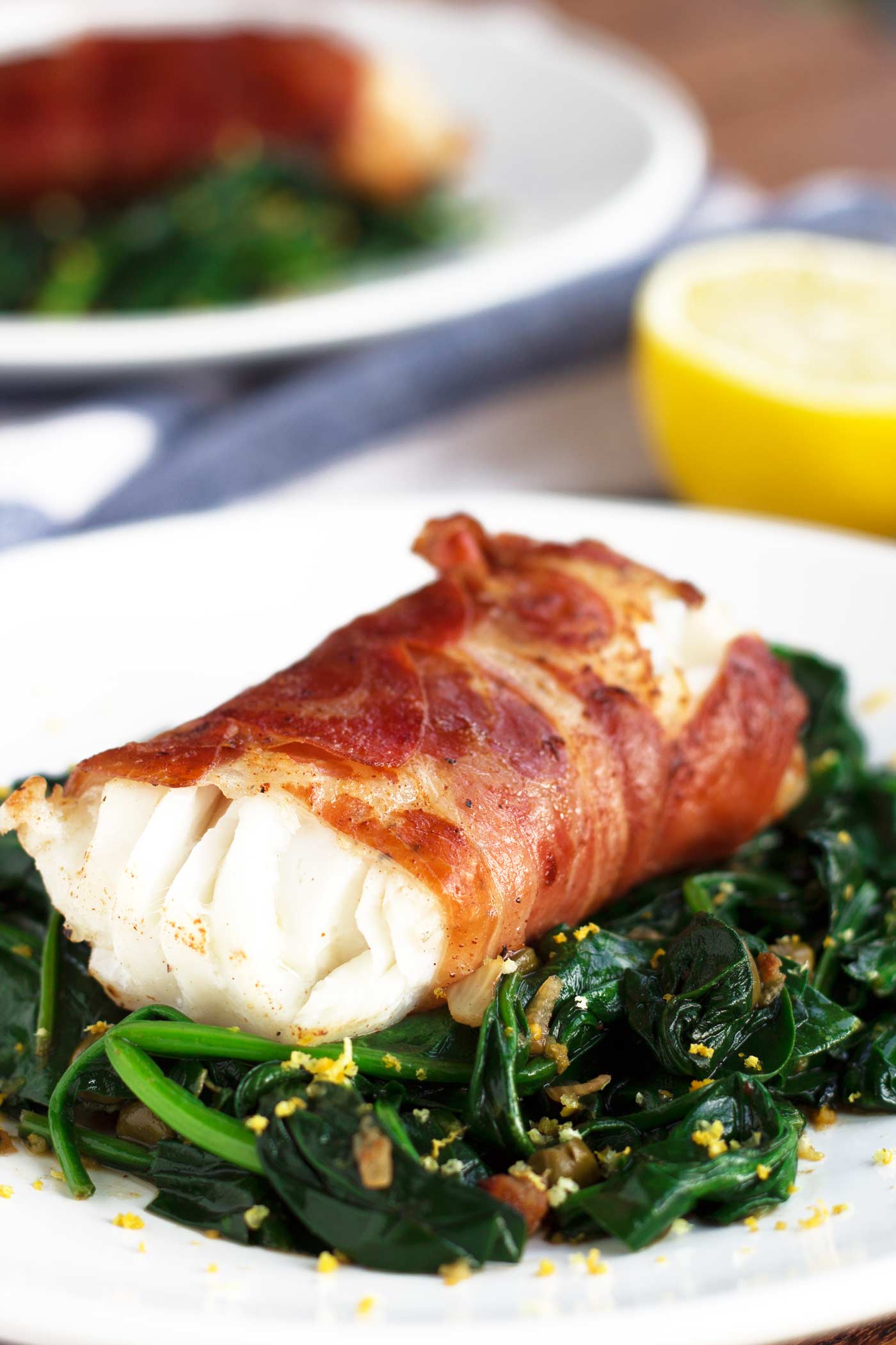 Prosciutto Wrapped Cod with Lemon Caper Spinach easy Keto recipe