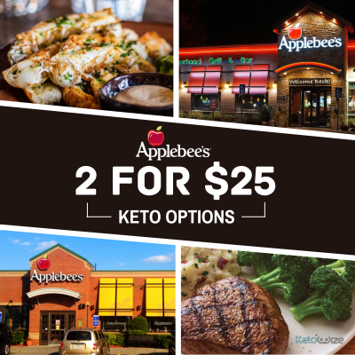 Image depicting the 2 for $25 Keto options at Applebee's, featuring a plate with succulent steak and shrimp, a side of fresh broccoli, and a crisp salad, all set against the background of an Applebee's restaurant exterior.